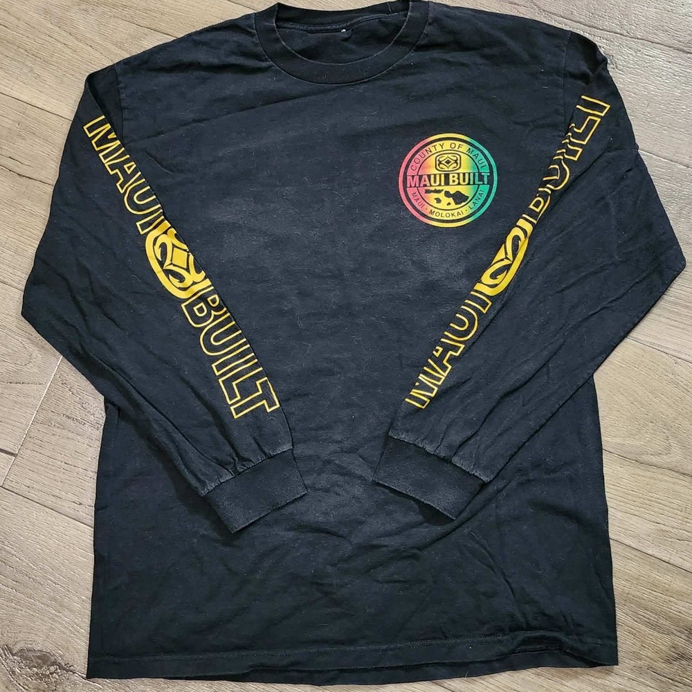 Maui Built Mens Long Sleeve Graphic T-Shirt Black Rasta Logo Hawaii Surf Medium